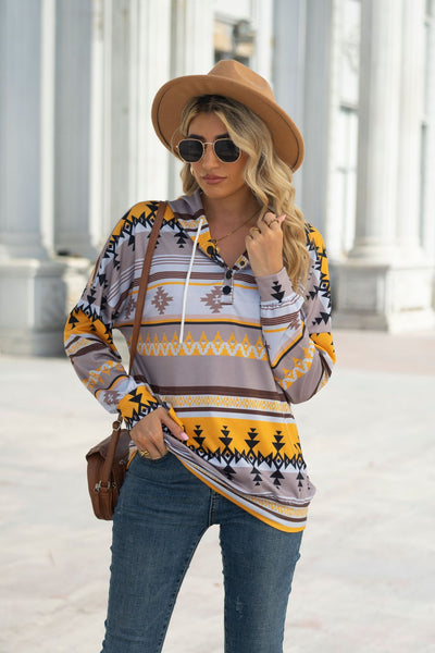 Geometric Pattern Long Sleeve Hooded Button Top