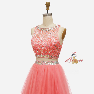 Green Tulle Two Piece Beading Homecoming Dress
