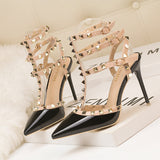 Thin High Heel Patent Leather Metal Rivet Sandals