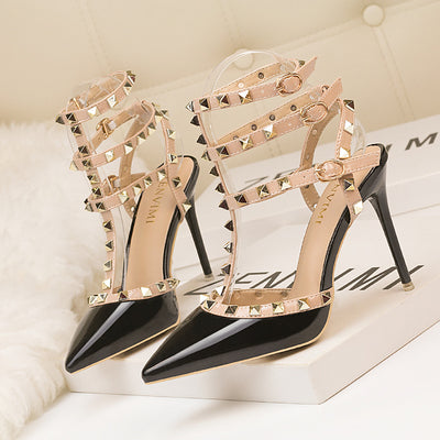 Thin High Heel Patent Leather Metal Rivet Sandals