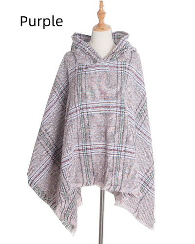 Shaggy Plaid Hooded Cloak Shawl