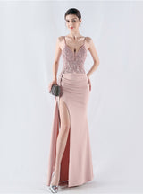 Mermaid Spaghetti Straps Lace Appliques Split Prom Dress