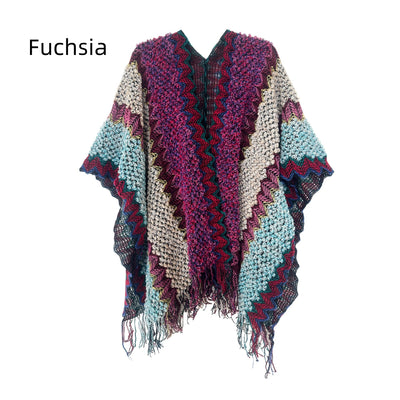 Ethnic White Knitted Split Tassels Shawl