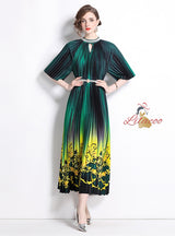 Pearl Beaded Printed Pleats Dress