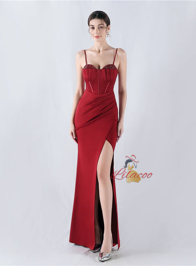 Mermaid Spaghetti Straps Pleats Beading Prom Dress