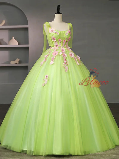 Green Tulle Straps Pink 3D Appliques Quinceanera Dress