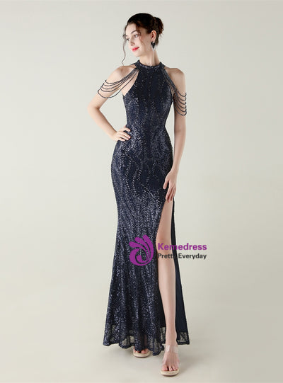 Mermaid Sequins Halter Beading Prom Dress