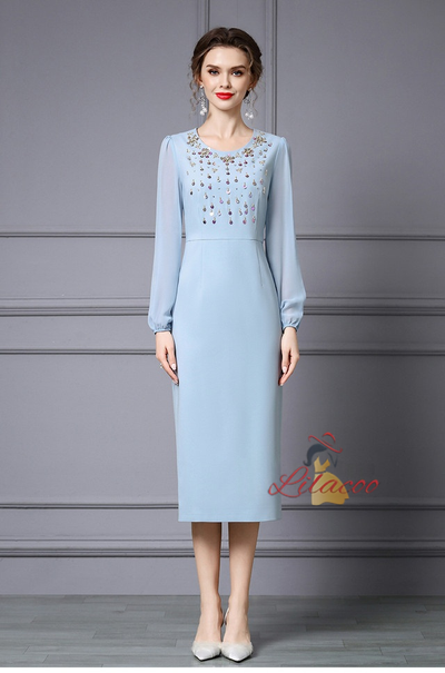 Fuchsia Long Sleeve Beading Mother Of The Bride Dress