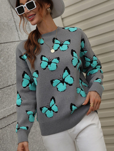 Printed Butterfly Round Neck Loose Sweater