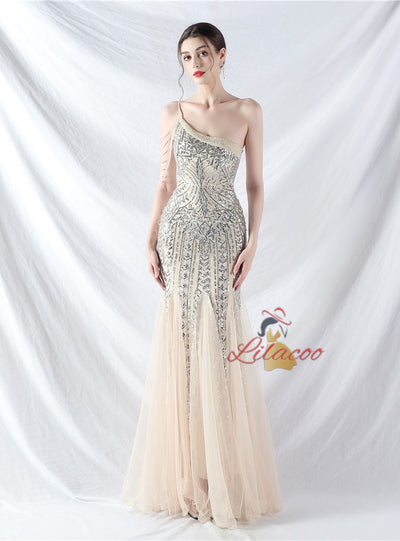 One Shoulder Sequins Beading Prom Dress