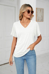 Casual V-neck Solid Color Loose T-shirt