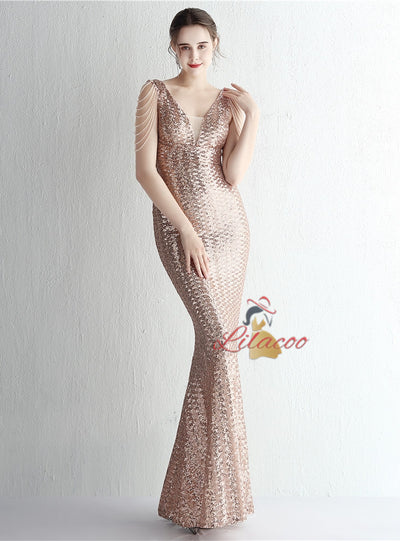 Mermaid Sequins V-neck Beading Prom Dress