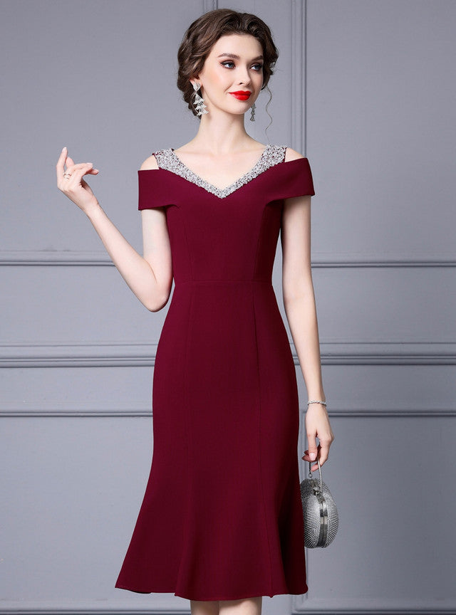 Burgundy V-neck Beading Mother Of The Bride Dress