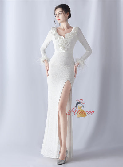 Long Sleeve V-neck Sequins Prom Dress