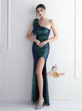Mermaid Sequins One Shoulder Split Prom Dress