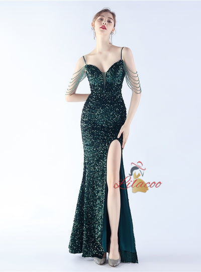 Spaghetti Straps Sequins Beading Prom Dress