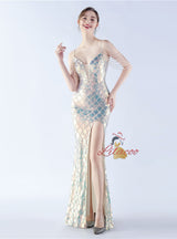 Spaghetti Straps Sequins Beading Split Prom Dress