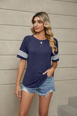Striped Stitching Loose Round Neck Short Sleeve T-shirt