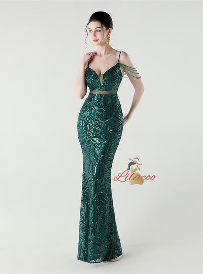 Mermaid Sequins Spaghetti Straps Beading Prom Dress