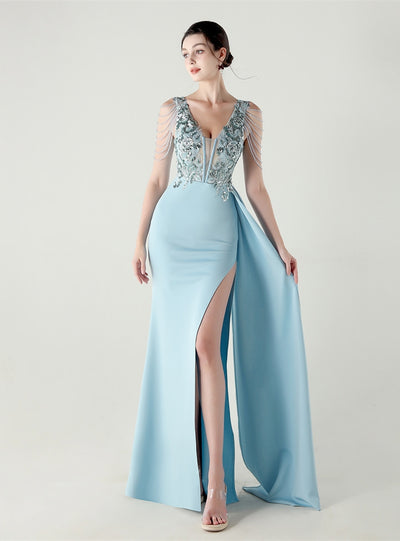 V-neck Appliques Split Beading Prom Dress