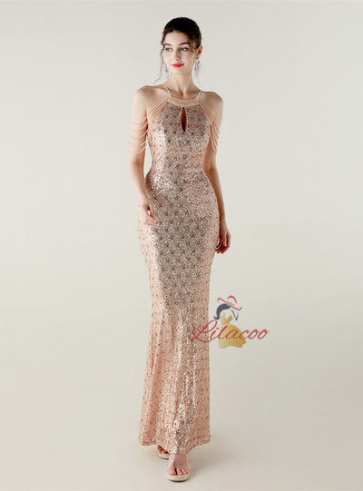 Mermaid Sequins Halter Beading Prom Dress