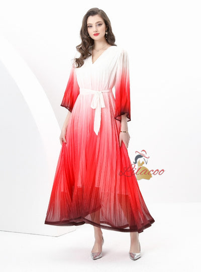 V-neck Flared Sleeve Gradient Dress