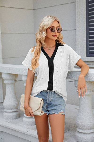 V-neck Contrast Short Sleeve Loose T-shirt
