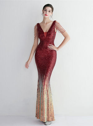 V-neck Sequins Beading Prom Dress