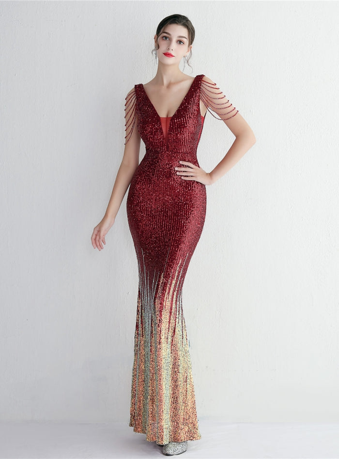 V-neck Sequins Beading Prom Dress