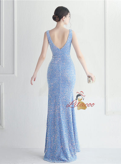 V-neck Sequins Split Prom Dress