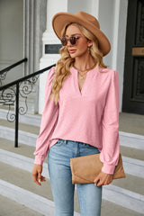 Solid Color V-neck Jacquard Long Sleeve T-shirt