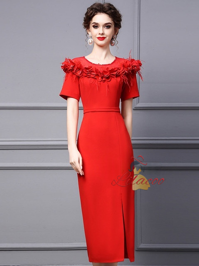 Fuchsia Short Sleeve 3D Flower Mother Of The Bride Dress