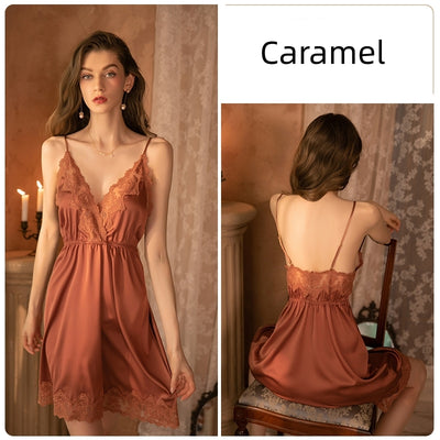 Lace Deep V Backless Suspender Nightdress Suit