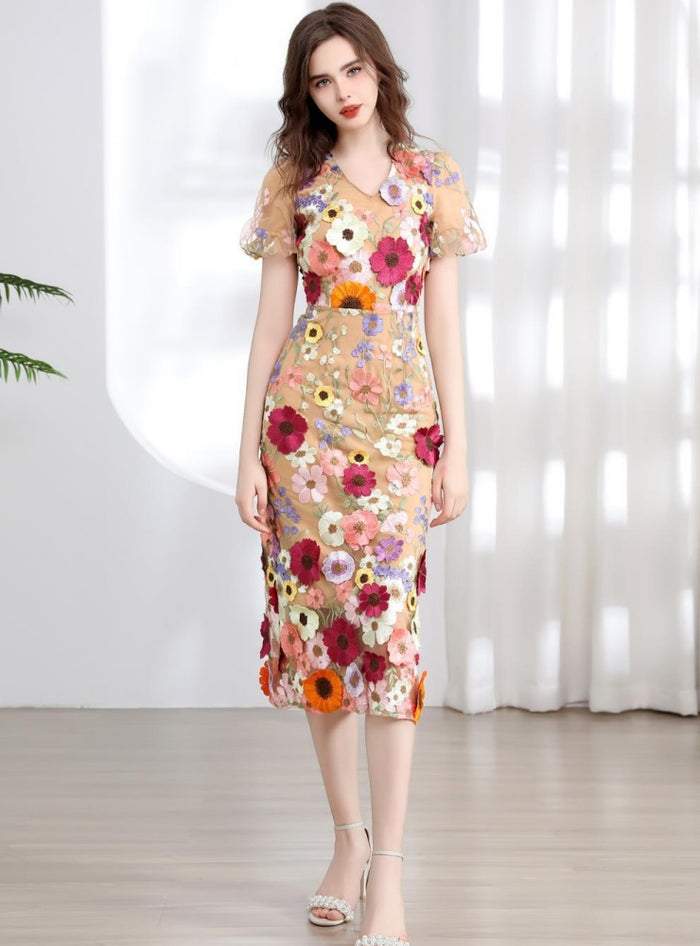 V-neck Bubble Sleeve Slim Three-dimensional Flower Dress