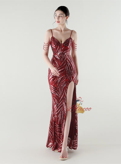 Mermaid Spaghetti Straps Sequins Split Beading Prom Dress