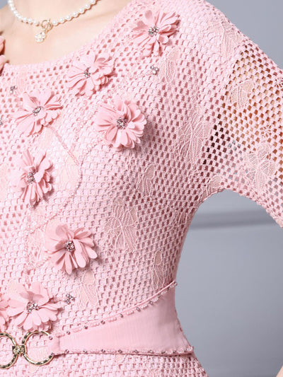 Pink Short Sleeve 3D Flower Mother Of The Bride Dress