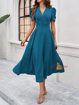 V-neck Solid Color Short Sleeve Dress