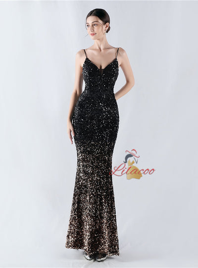 Spaghetti Straps Mermaid Sequins Prom Dress