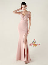 Mermaid Split Straps Pleats Beading Prom Dress