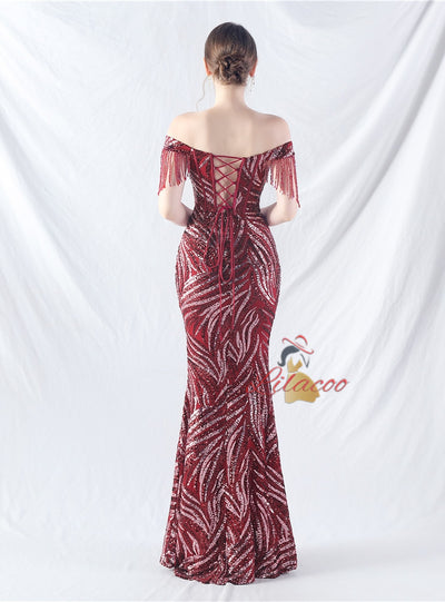 Mermaid Sequins Off the Shoulder Beading Prom Dress