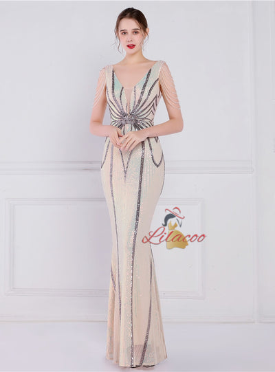 V-neck Mermaid Sequins Beading Prom Dress