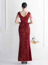 Mermaid Sequins V-neck Cap Sleeve Beading Prom Dress