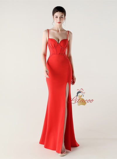 Spaghetti Straps Split Beading Prom Dress