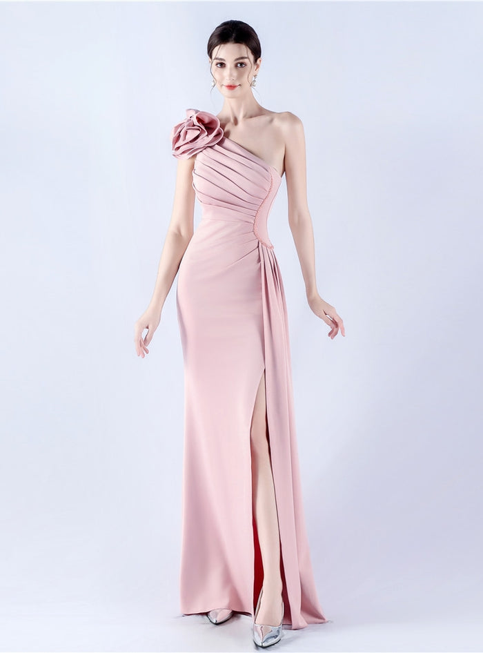 One Shoulder Pleats Flower Prom Dress