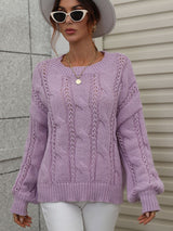 Twisted Rope Solid Color Loose Round Neck Sweater