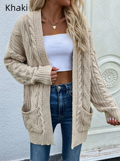Loose Medium and Long Twisted Rope Knitted Cardigan Jacket