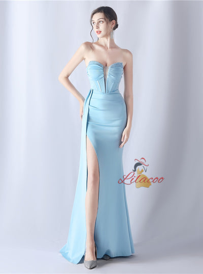 Mermaid Strapless Pleats Beading Split Prom Dress