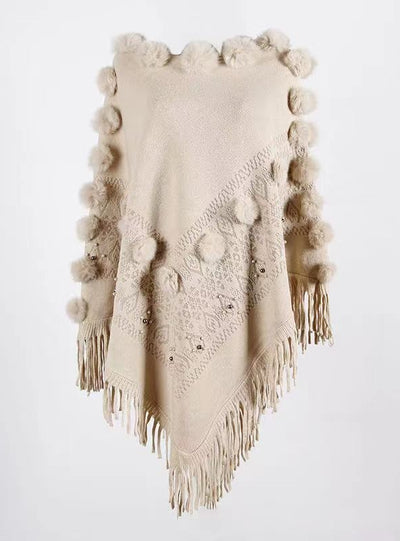 Fringed Fur Ball Round Neck Shawl Cloak