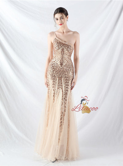 Mermaid Sequins One Shoulder Beading Prom Dress