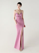 Mermaid Strapless Pleats Beading Prom Dress